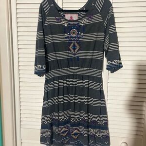 Johnny Was JWLA Dark Gray and white Embroidered striped pullover dress.